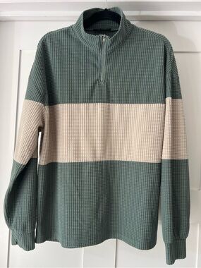 Men's Cotton Blend Quarter-Zip Colorblock Waffle Pullover - Green & Cream Size L
